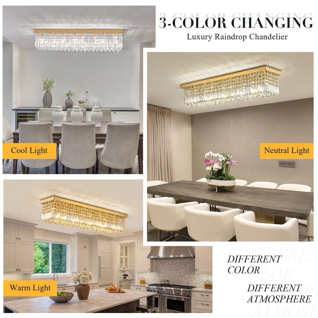 40in 8-Light Gold Rectangle Flush Mount with K9 Clear Crystal Shade and No Bulbs Included
