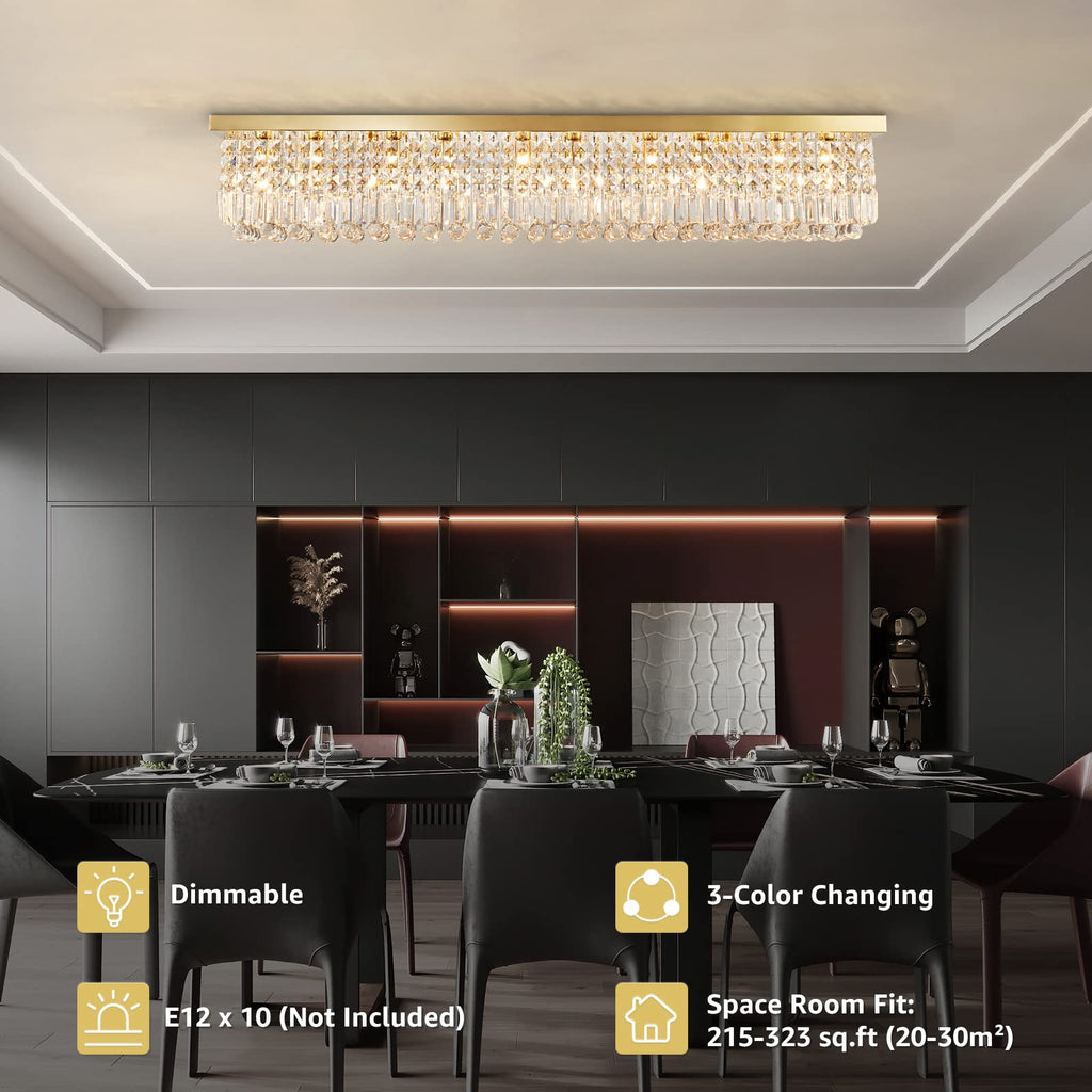 47in Modern 10-Light Gold Rectangle K9 Crystal Chandelier Dimmable for Dining Room (No Bulbs)