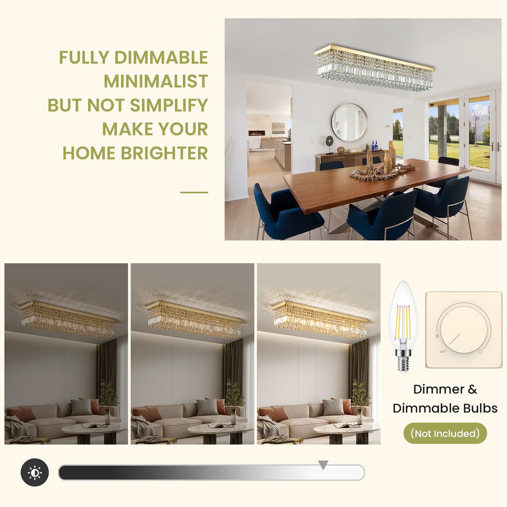 47in Modern 10-Light Gold Rectangle K9 Crystal Chandelier Dimmable for Dining Room (No Bulbs)