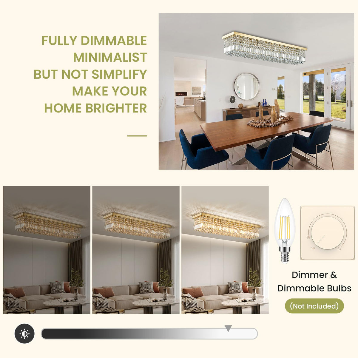47in Modern 10-Light Gold Rectangle K9 Crystal Chandelier Dimmable for Dining Room (No Bulbs)