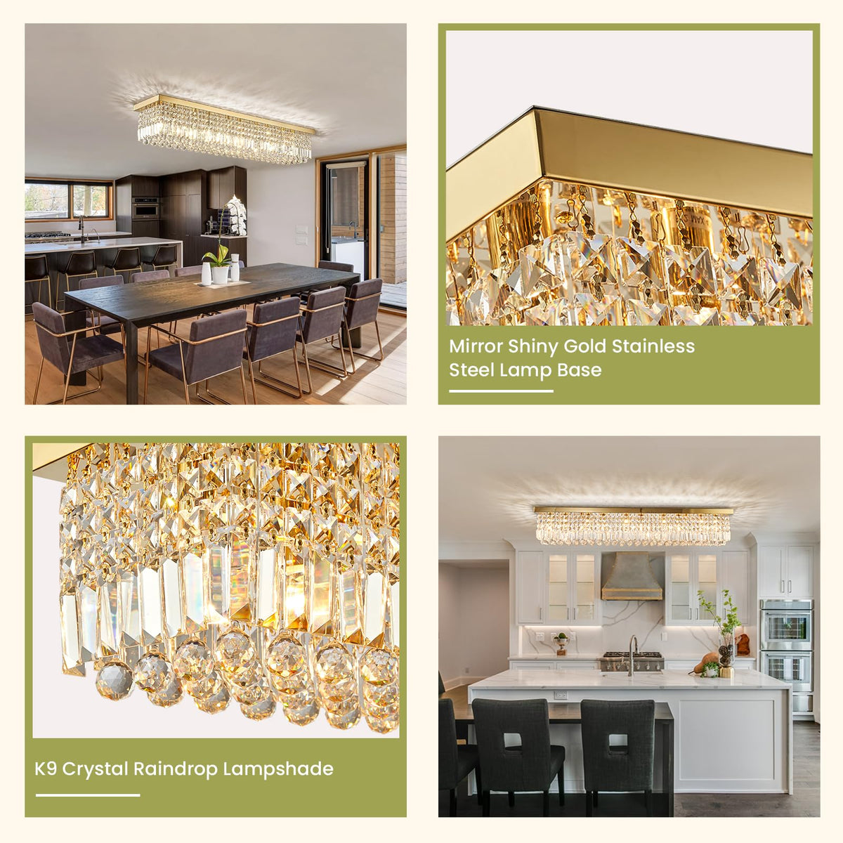 47in Modern 10-Light Gold Rectangle K9 Crystal Chandelier Dimmable for Dining Room (No Bulbs)