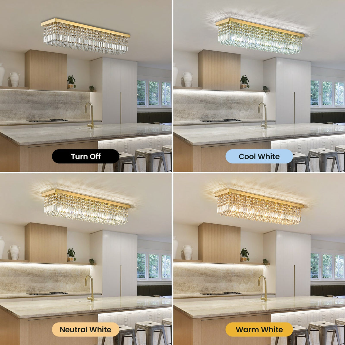 40in 8-Light Gold Rectangle Flush Mount with K9 Clear Crystal Shade and No Bulbs Included