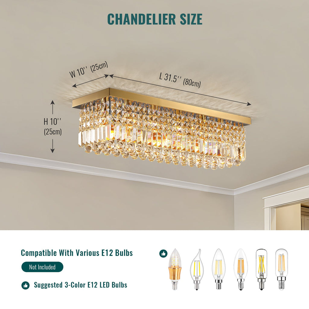 31.5 in 6-Light Gold Rectangle Flush Mount with K9 Clear Crystal Shade and No Bulbs Included