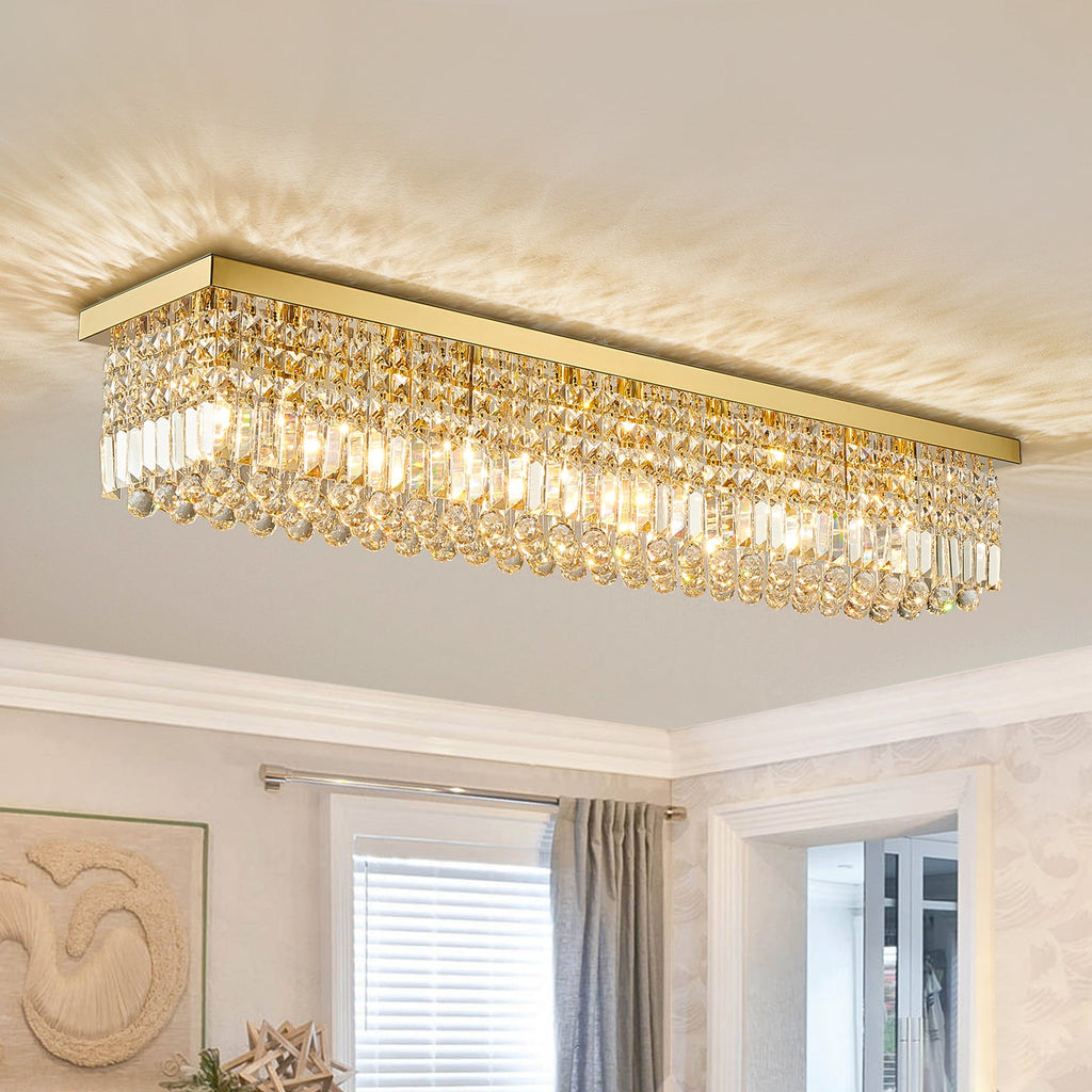 47in Modern 10-Light Gold Rectangle K9 Crystal Chandelier Dimmable for Dining Room (No Bulbs)