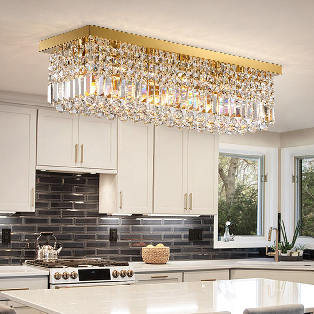 31.5 in 6-Light Gold Rectangle Flush Mount with K9 Clear Crystal Shade and No Bulbs Included