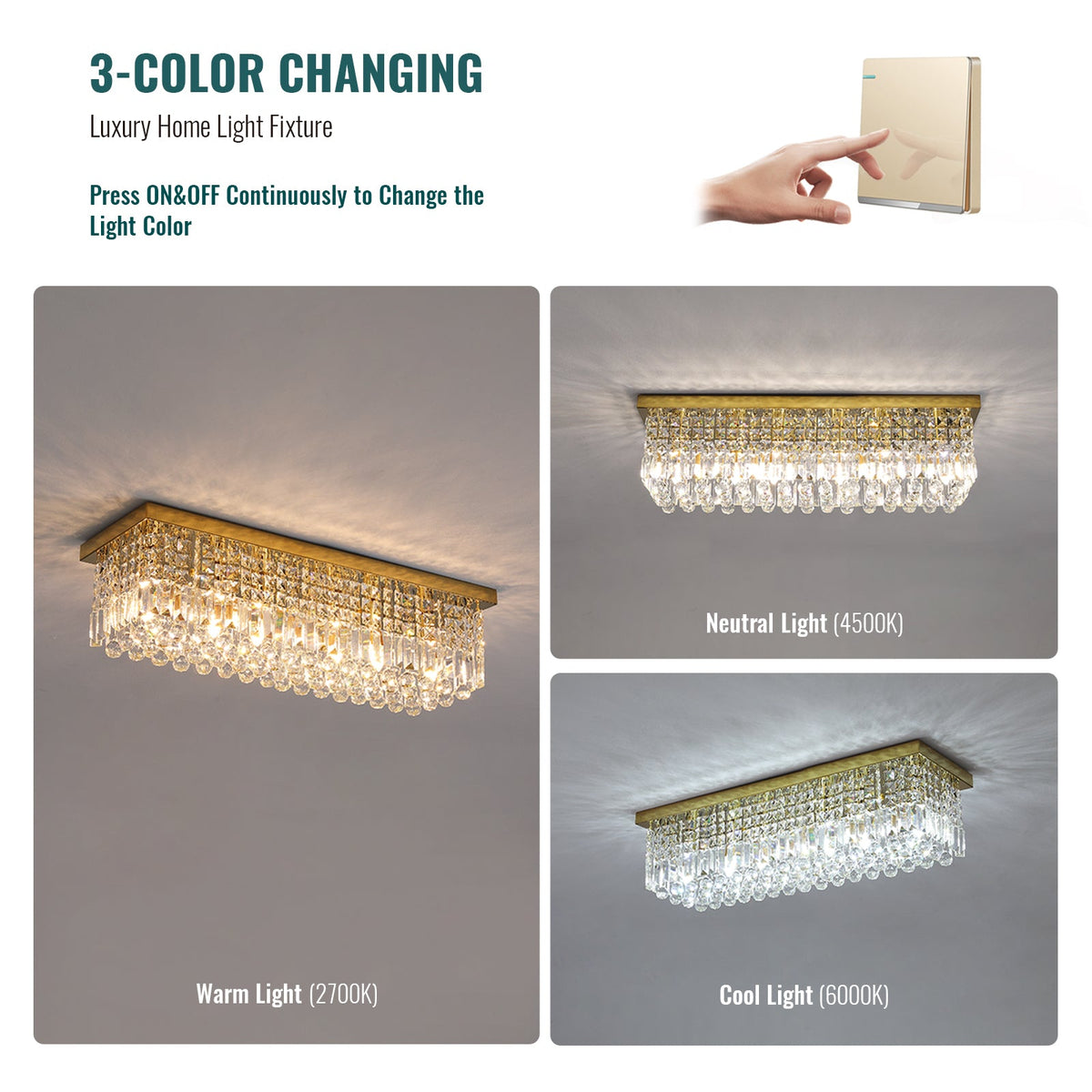 31.5 in 6-Light Gold Rectangle Flush Mount with K9 Clear Crystal Shade and No Bulbs Included