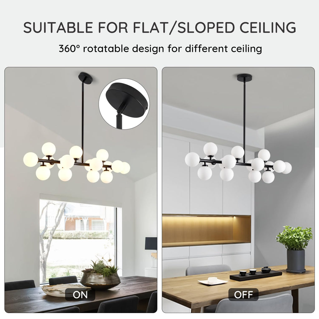 16-Light Mid Century Glass Chandelier 39in Modern Black Linear Pendant Fixture No Bulb