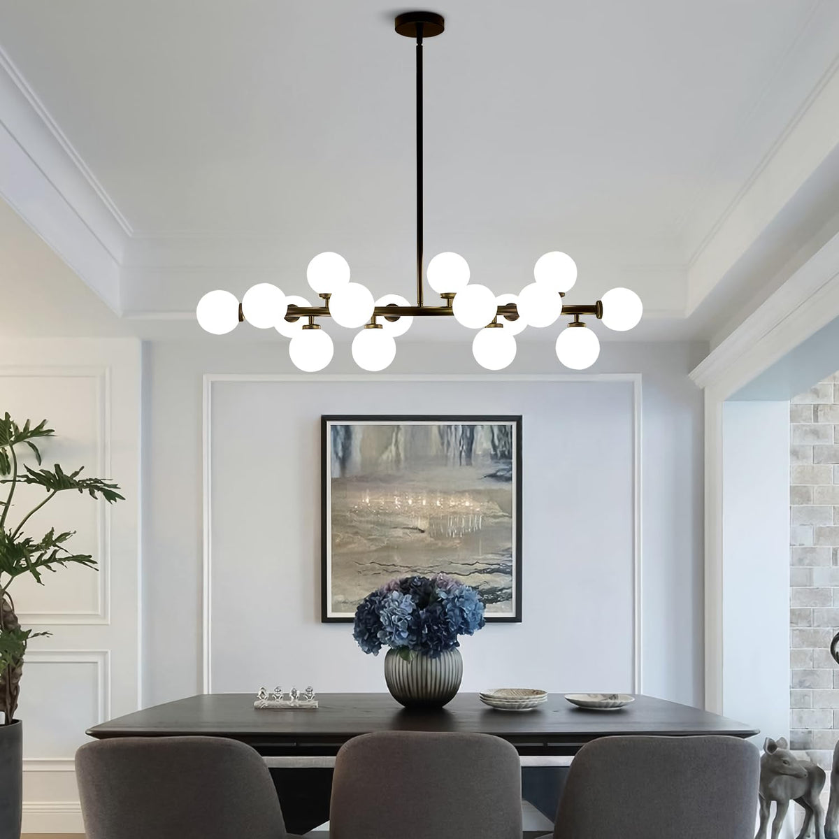 16-Light Mid Century Glass Chandelier 39in Modern Black Linear Pendant Fixture No Bulb