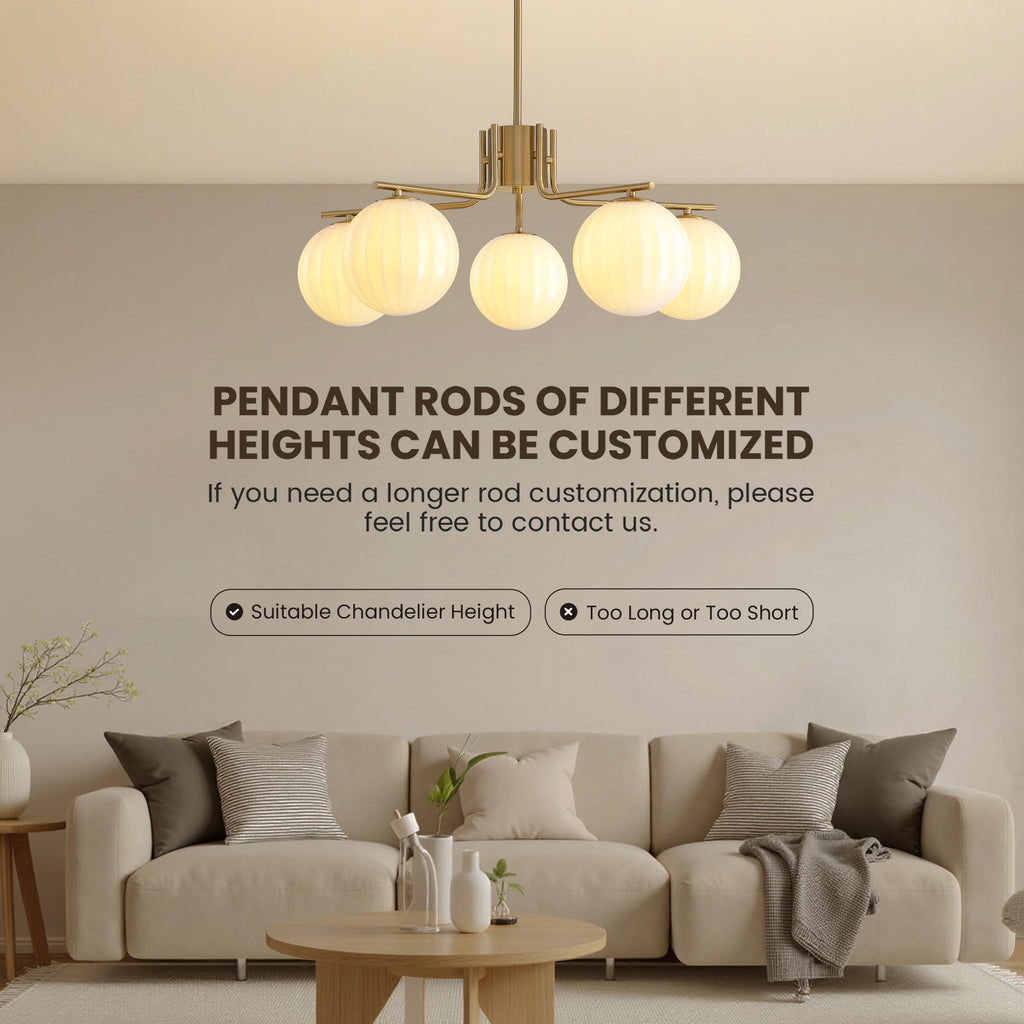 31.5in Gold 5-Light Pendant with Watermelon Glass Shades, Adjustable for Sloped Ceilings