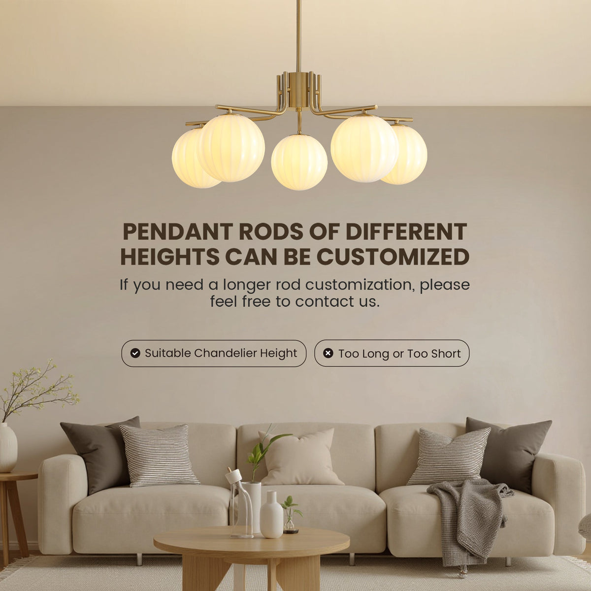 31.5in Gold 5-Light Pendant with Watermelon Glass Shades, Adjustable for Sloped Ceilings