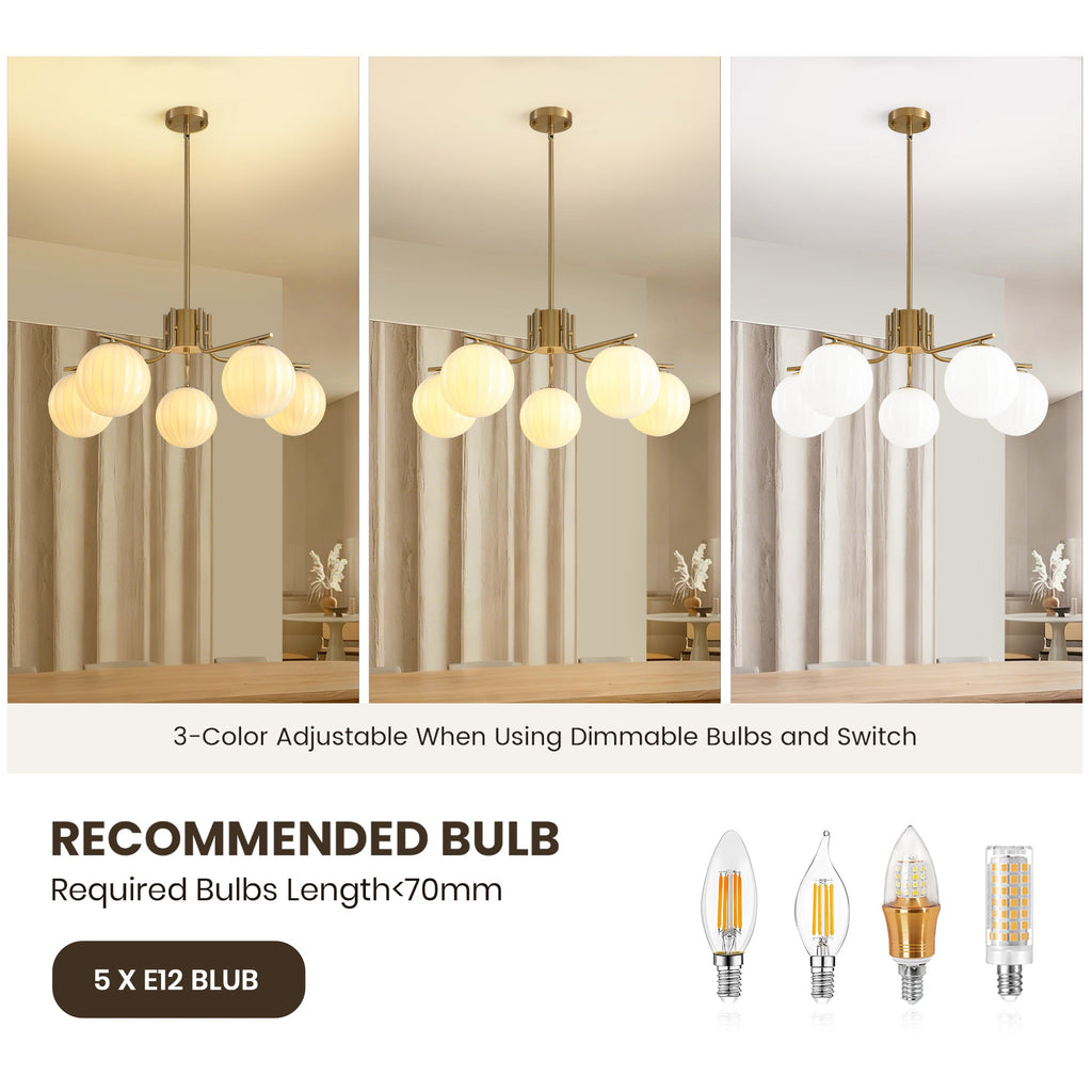 31.5in Gold 5-Light Pendant with Watermelon Glass Shades, Adjustable for Sloped Ceilings