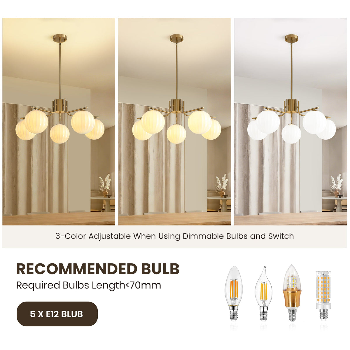 31.5in Gold 5-Light Pendant with Watermelon Glass Shades, Adjustable for Sloped Ceilings