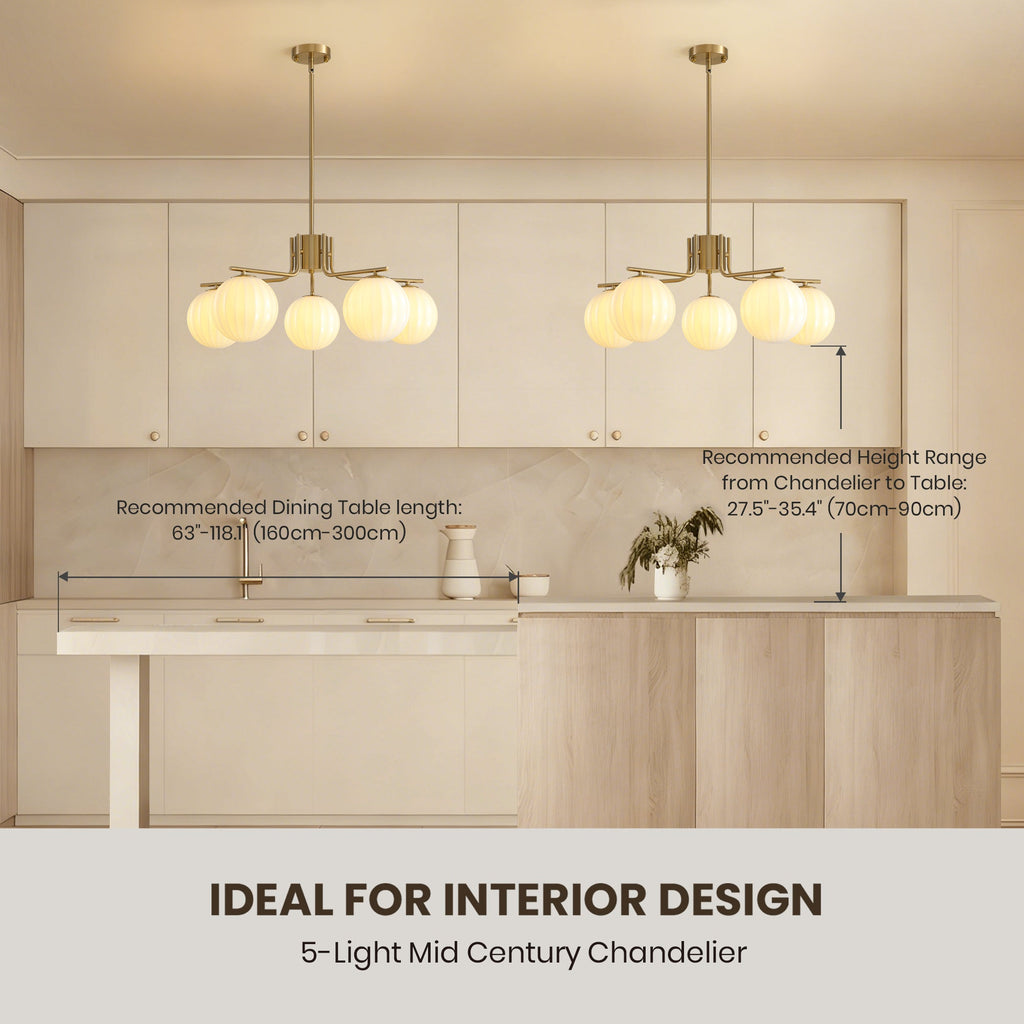 31.5in Gold 5-Light Pendant with Watermelon Glass Shades, Adjustable for Sloped Ceilings