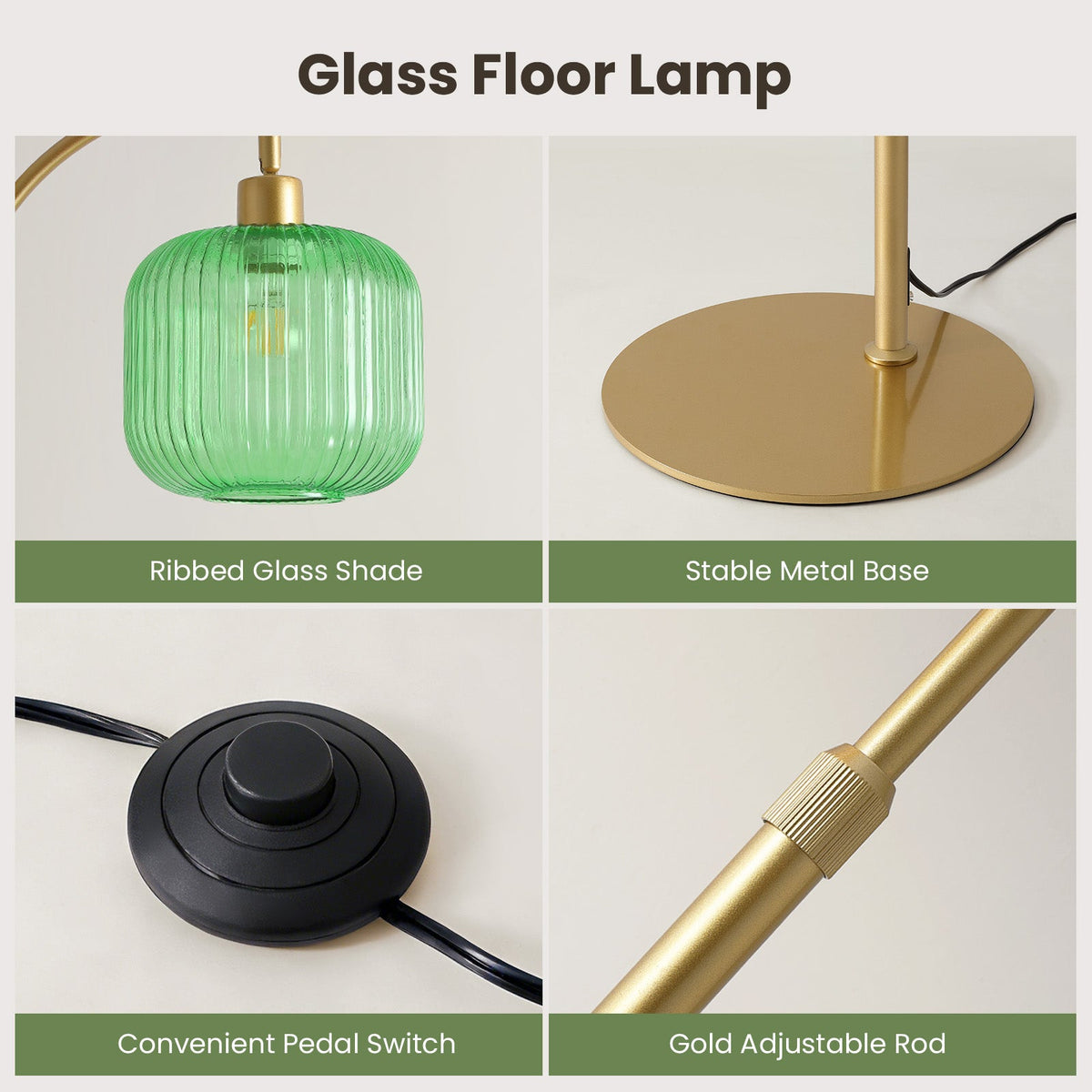 66in Adjustable Floor Lamp with Green Ribbed Glass Shade & Pedal Switch