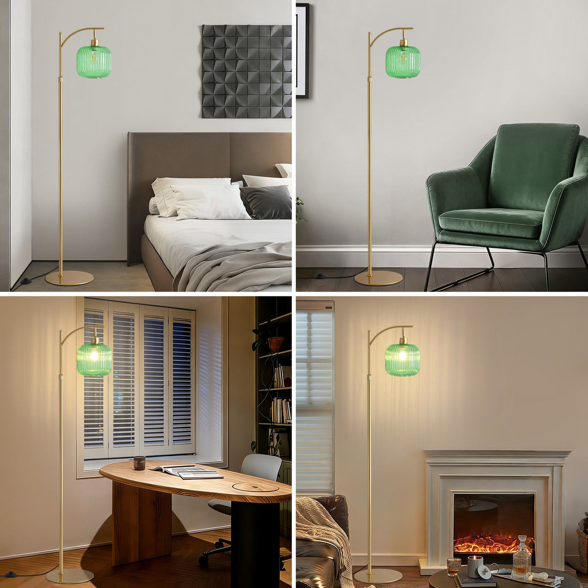 66in Adjustable Floor Lamp with Green Ribbed Glass Shade & Pedal Switch