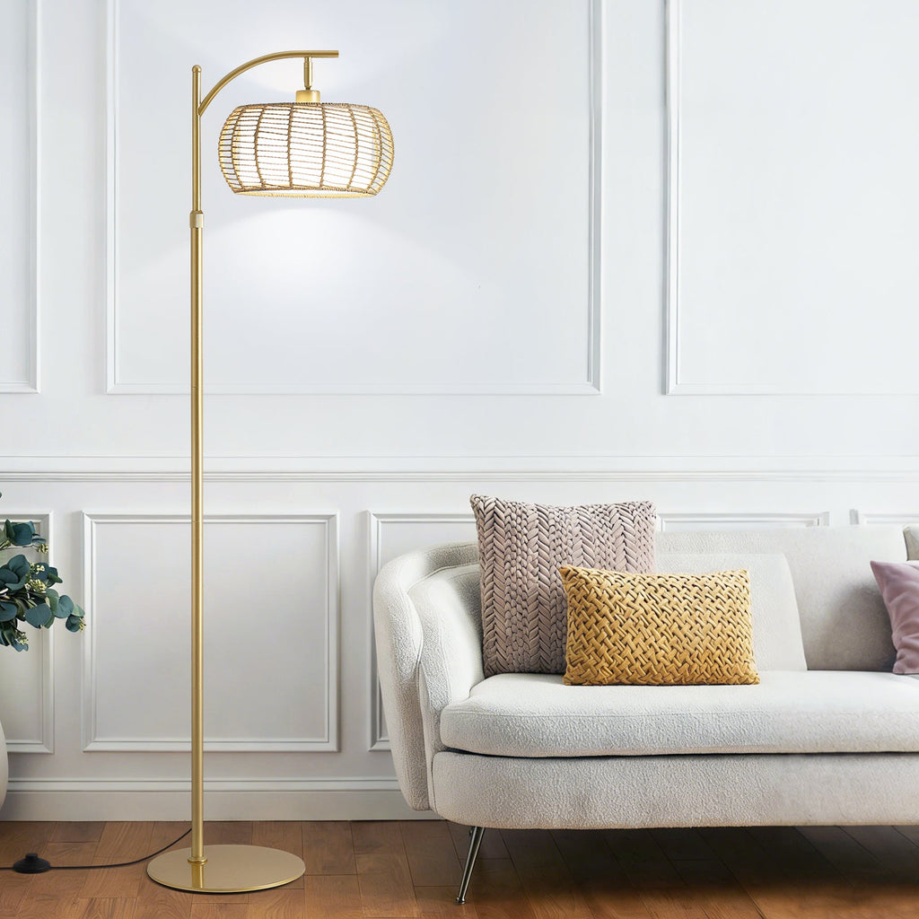 70in Gold Floor Lamp with Handwoven Rattan Shade, Adjustable Boho Standing Lamp