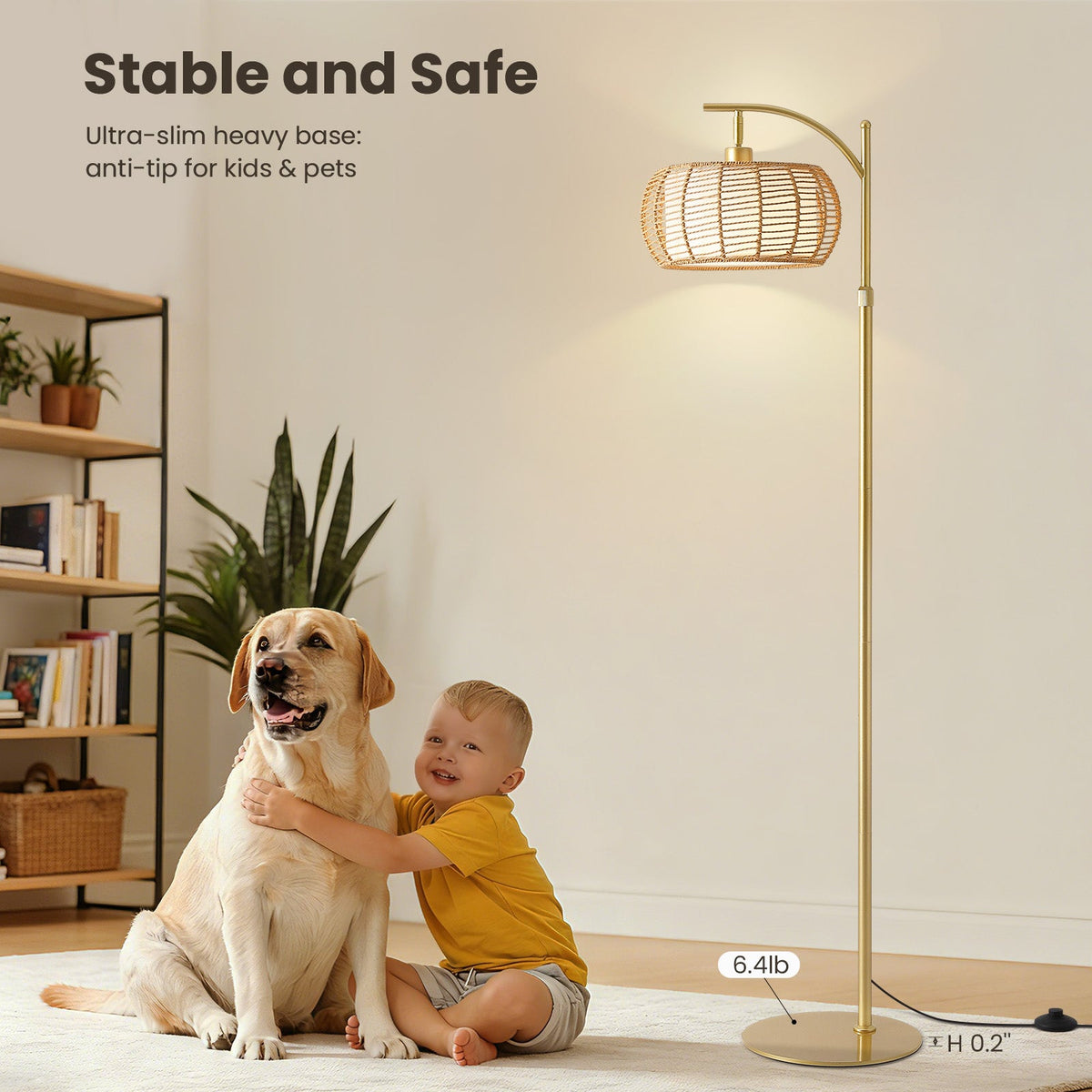 70in Gold Floor Lamp with Handwoven Rattan Shade, Adjustable Boho Standing Lamp