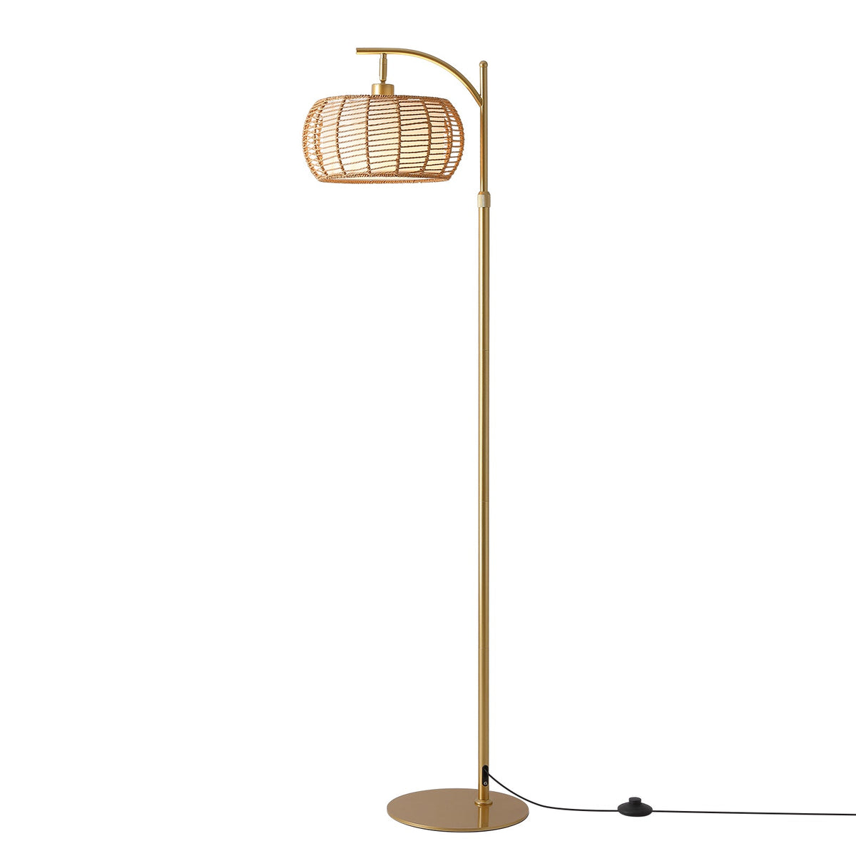 70in Gold Floor Lamp with Handwoven Rattan Shade, Adjustable Boho Standing Lamp