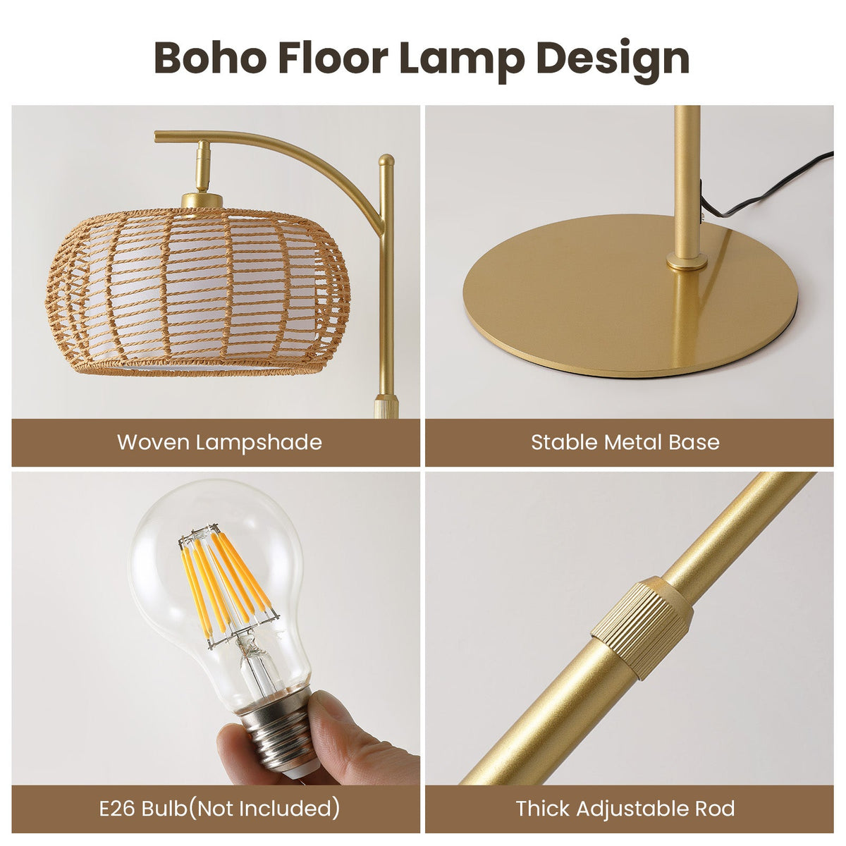 70in Gold Floor Lamp with Handwoven Rattan Shade, Adjustable Boho Standing Lamp
