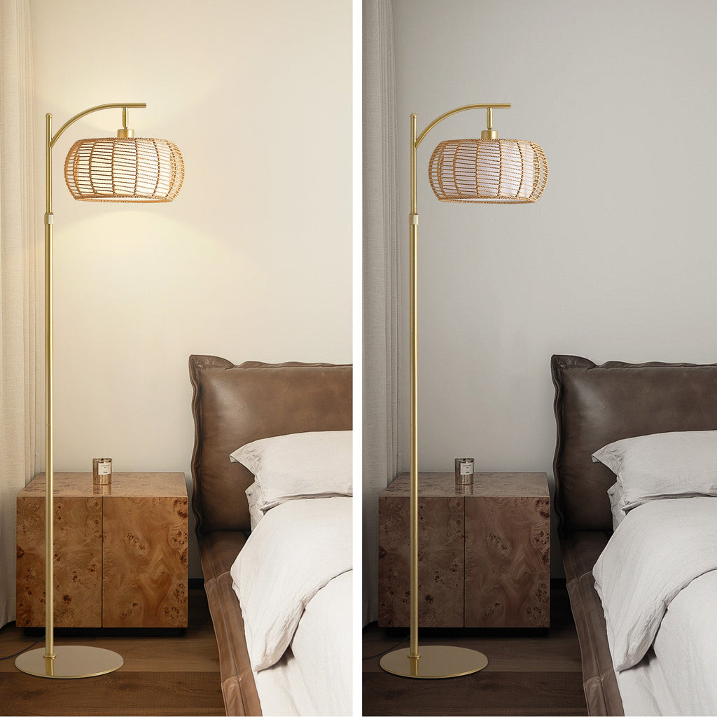 70in Gold Floor Lamp with Handwoven Rattan Shade, Adjustable Boho Standing Lamp