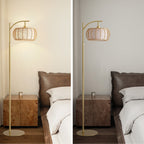 70in Gold Floor Lamp with Handwoven Rattan Shade, Adjustable Boho Standing Lamp