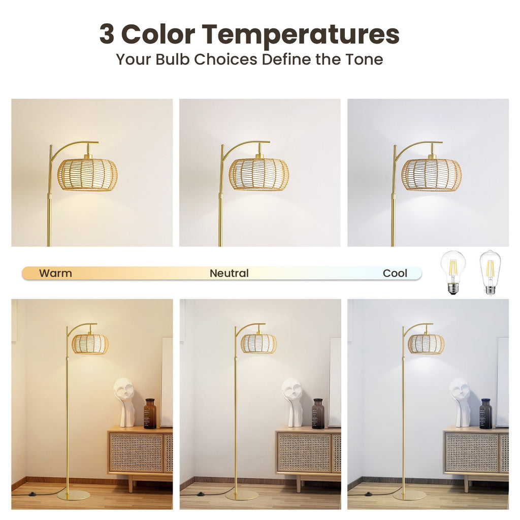 70in Gold Floor Lamp with Handwoven Rattan Shade, Adjustable Boho Standing Lamp