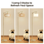 70in Gold Floor Lamp with Handwoven Rattan Shade, Adjustable Boho Standing Lamp