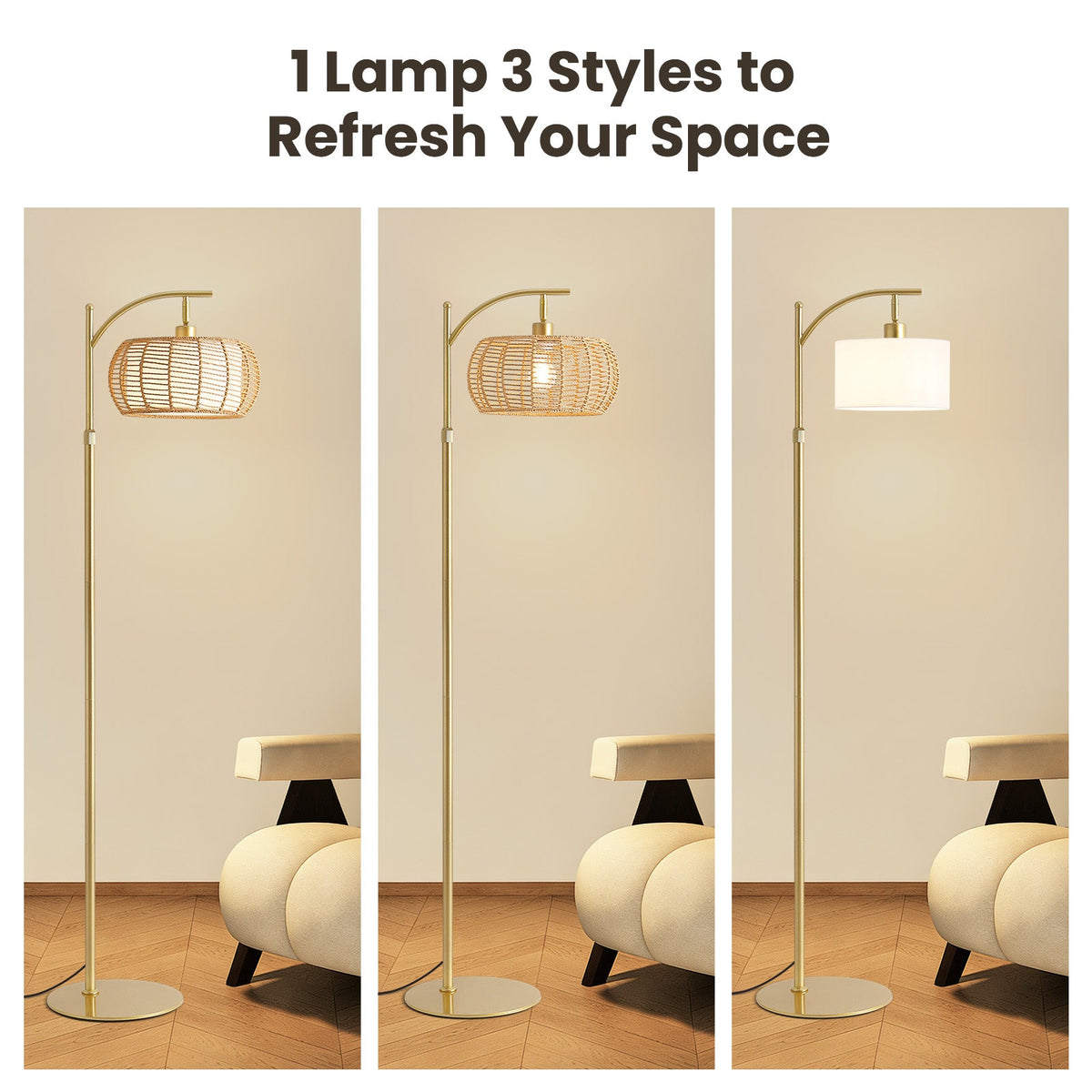 70in Gold Floor Lamp with Handwoven Rattan Shade, Adjustable Boho Standing Lamp