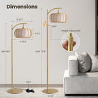 70in Gold Floor Lamp with Handwoven Rattan Shade, Adjustable Boho Standing Lamp