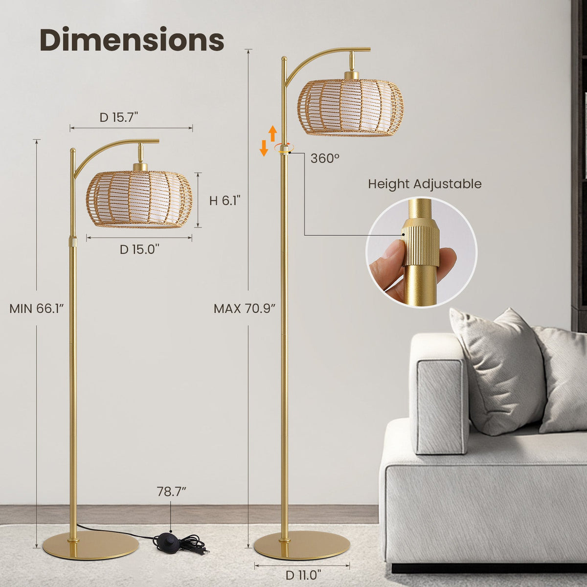 70in Gold Floor Lamp with Handwoven Rattan Shade, Adjustable Boho Standing Lamp