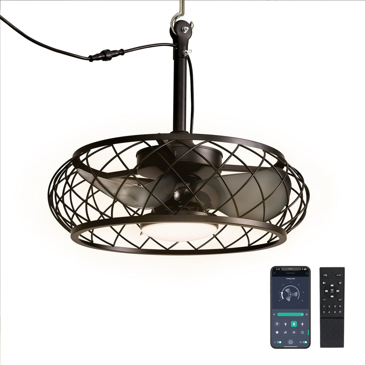 20in Indoor/Outdoor Black LED Waterproof Cage Ceiling Fan Light with Dimming and Timer (Includes Remote Control)