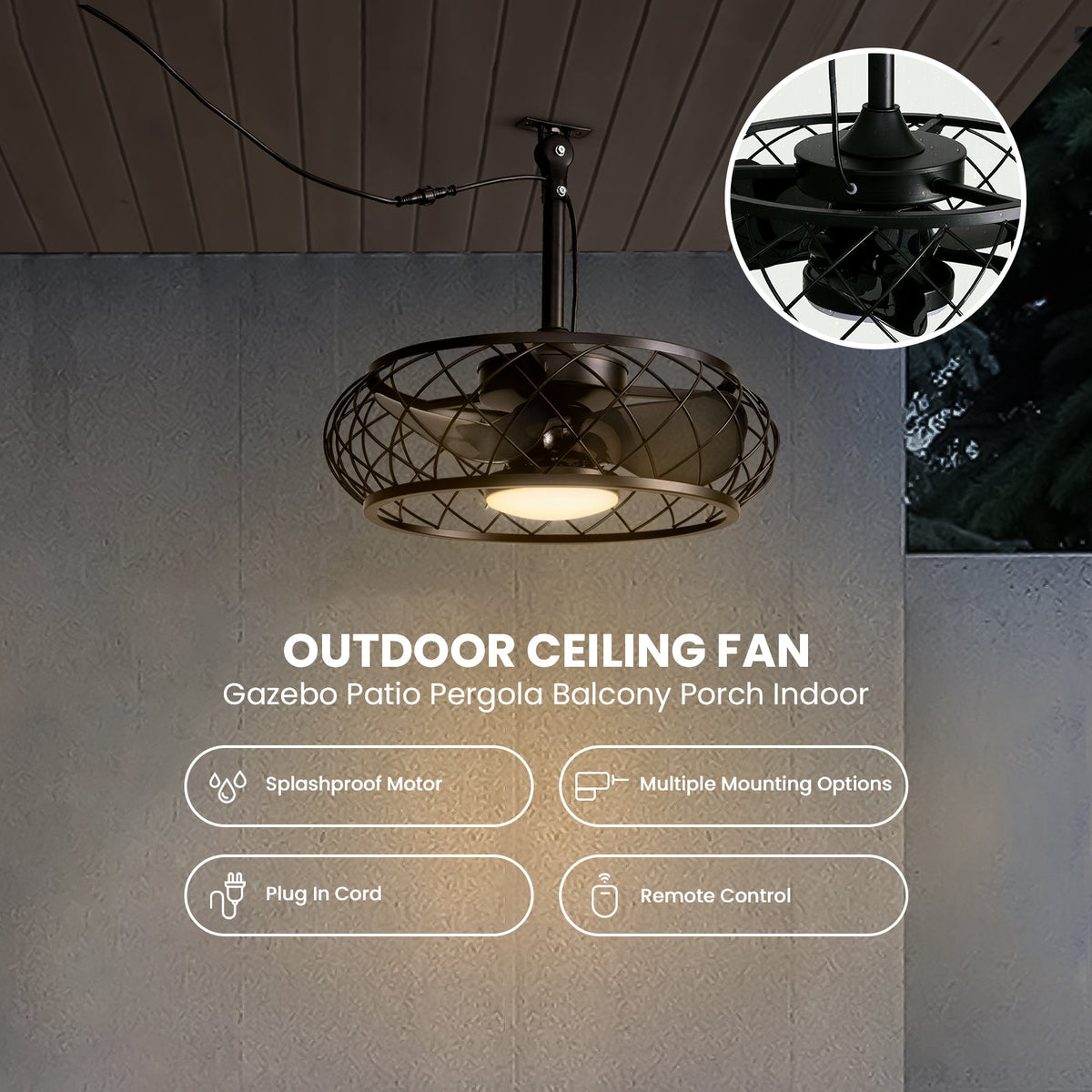 20in Indoor/Outdoor Black LED Waterproof Cage Ceiling Fan Light with Dimming and Timer (Includes Remote Control)