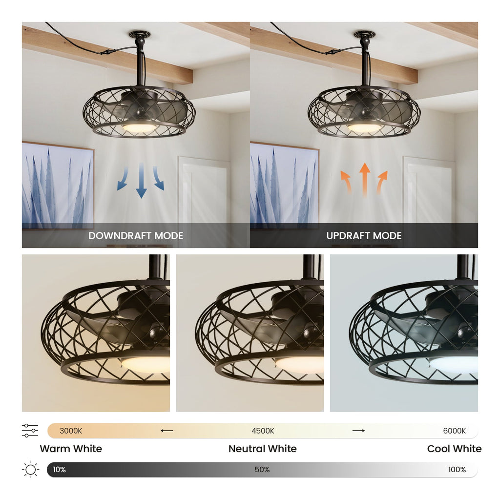 20in Indoor/Outdoor Black LED Waterproof Cage Ceiling Fan Light with Dimming and Timer (Includes Remote Control)