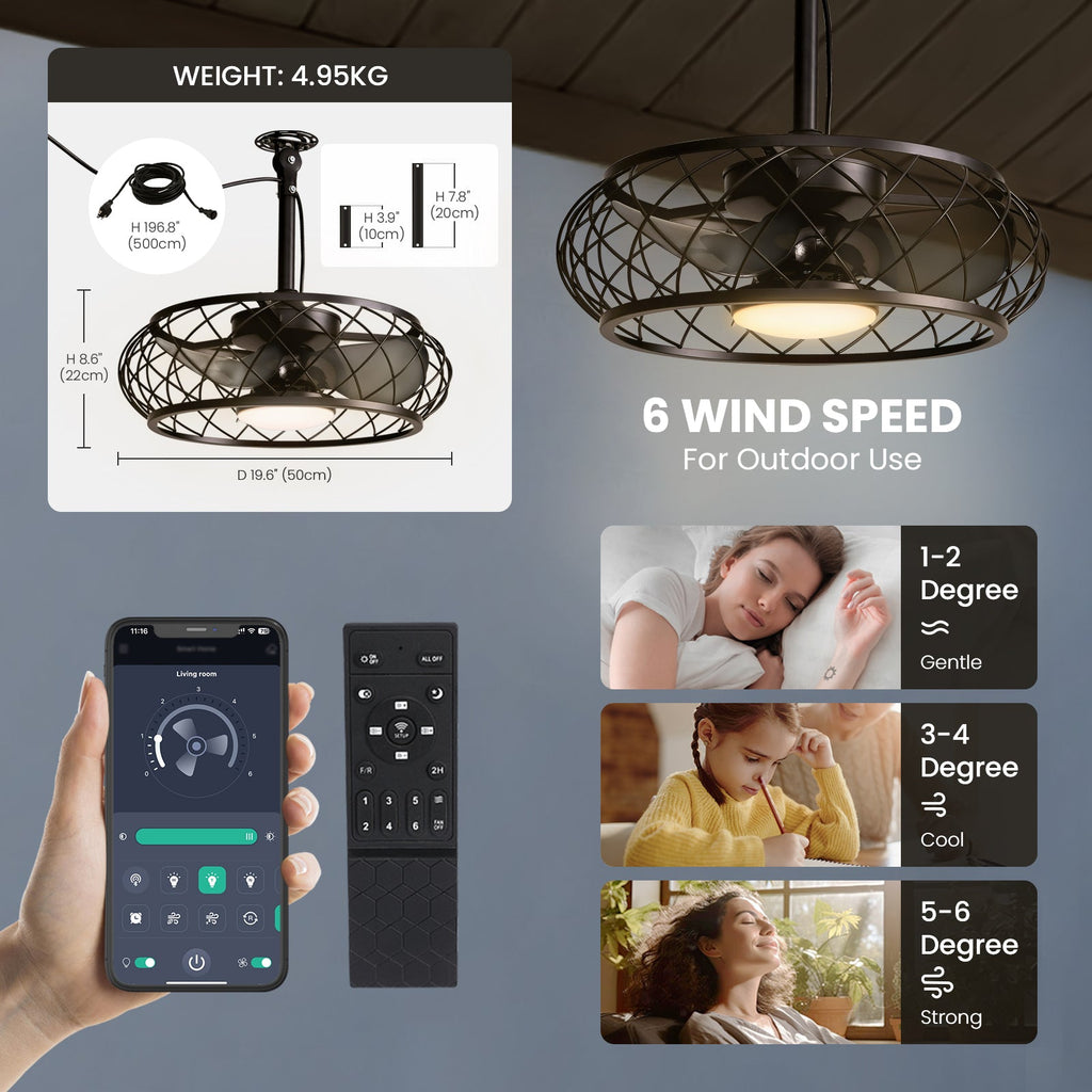 20in Indoor/Outdoor Black LED Waterproof Cage Ceiling Fan Light with Dimming and Timer (Includes Remote Control)