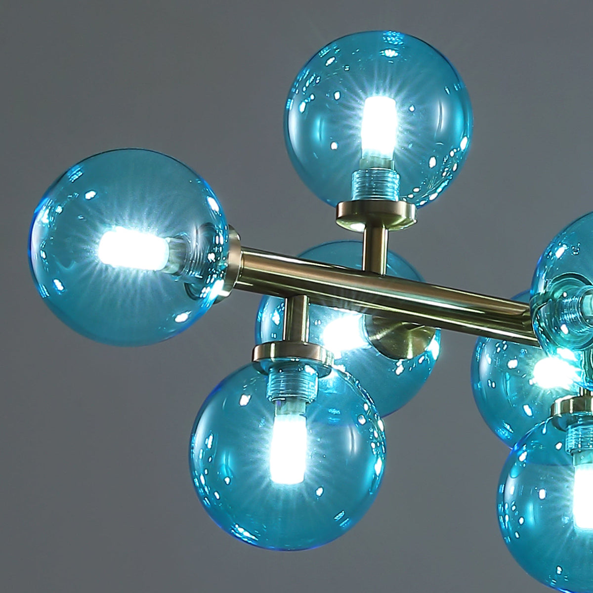 16-Light Modern Dimmable Bubble Glass Sputnik Gold and Blue Globe Chandelier for Dining Room and Living Room
