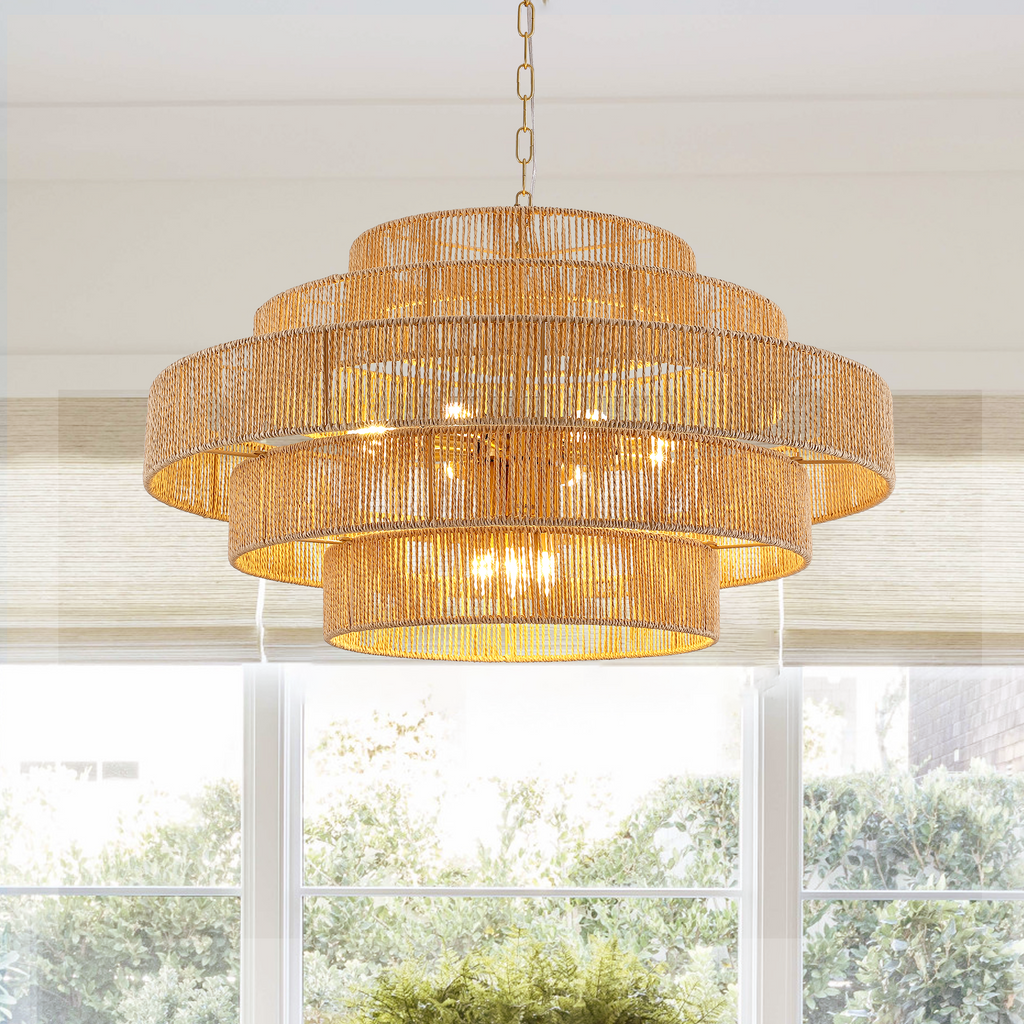 12-Light Natural Adjustable Gold Dimmable 5-Tier Hand-Woven Chandelier with Rattan Shaded for Living Room