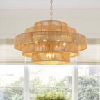 12-Light Natural Adjustable Gold Dimmable 5-Tier Hand-Woven Chandelier with Rattan Shaded for Living Room