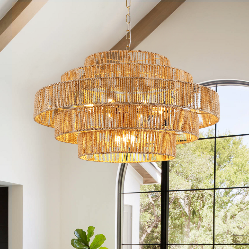 12-Light Natural Adjustable Gold Dimmable 5-Tier Hand-Woven Chandelier with Rattan Shaded for Living Room