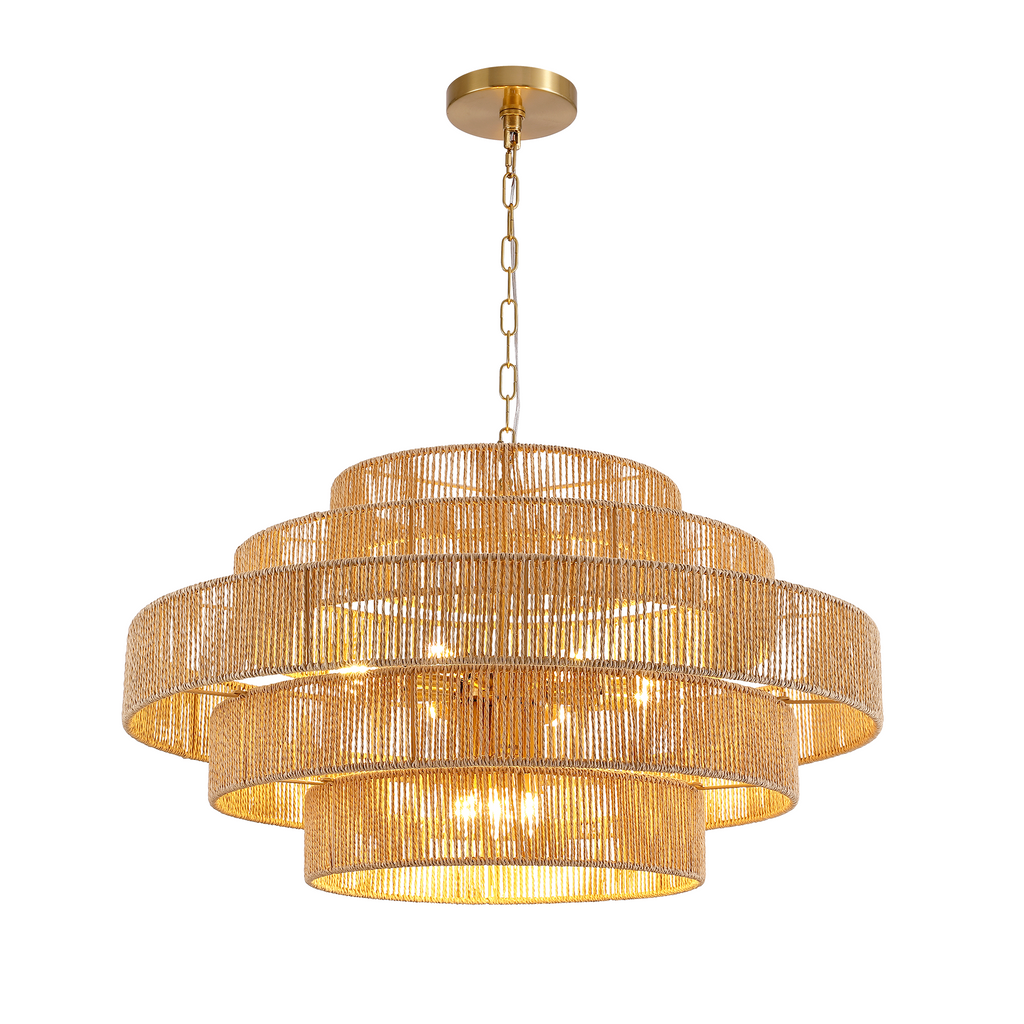 12-Light Natural Adjustable Gold Dimmable 5-Tier Hand-Woven Chandelier with Rattan Shaded for Living Room
