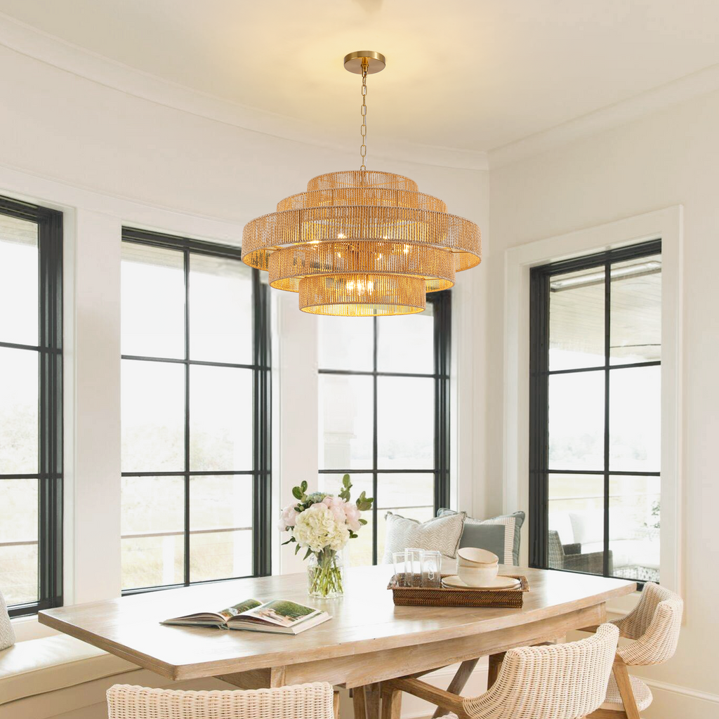 12-Light Natural Adjustable Gold Dimmable 5-Tier Hand-Woven Chandelier with Rattan Shaded for Living Room