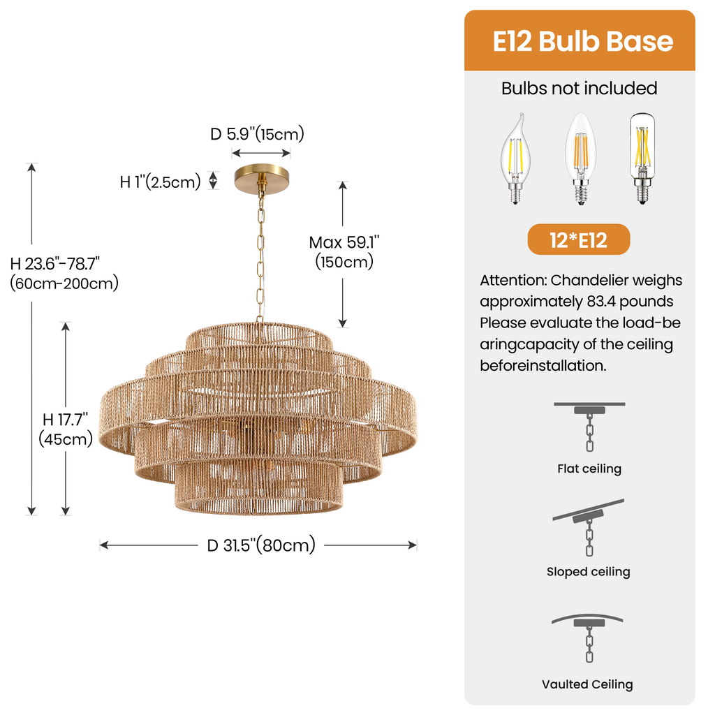 12-Light Natural Adjustable Gold Dimmable 5-Tier Hand-Woven Chandelier with Rattan Shaded for Living Room