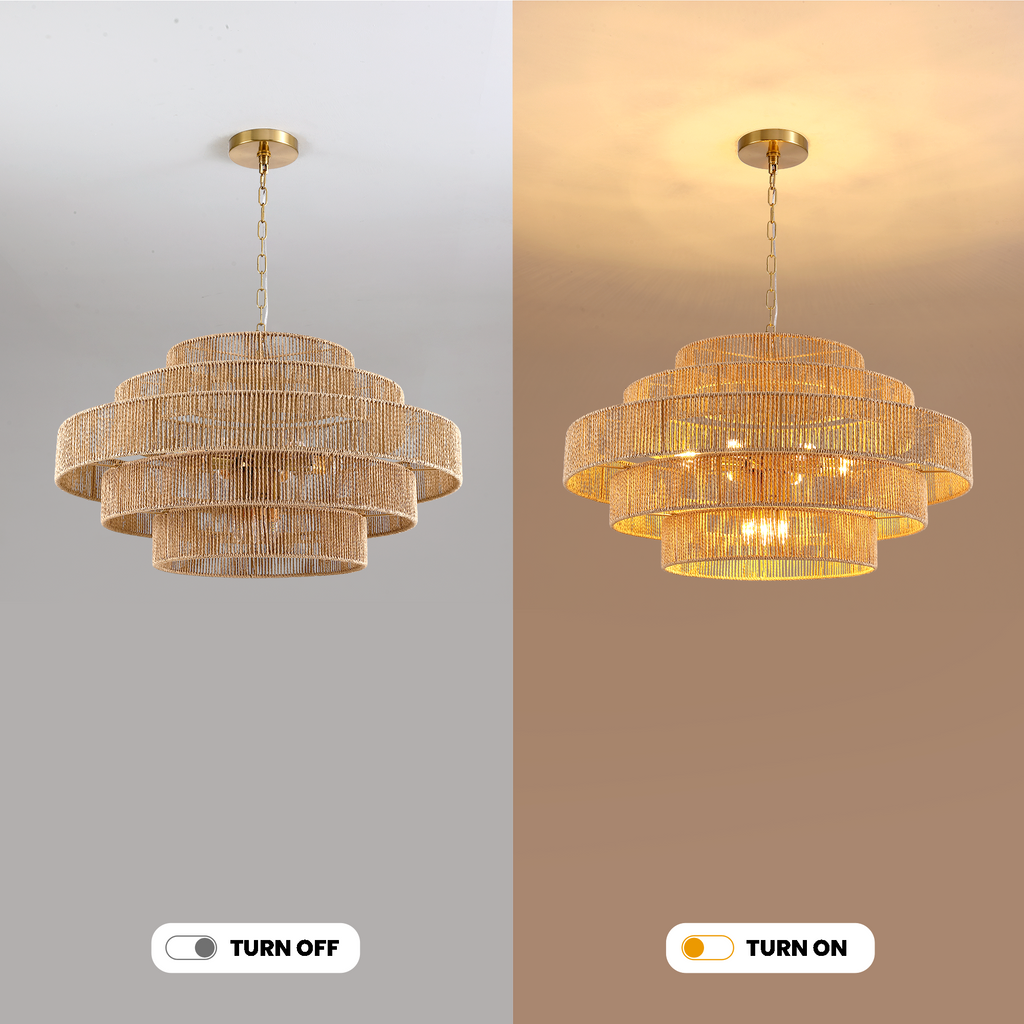 12-Light Natural Adjustable Gold Dimmable 5-Tier Hand-Woven Chandelier with Rattan Shaded for Living Room