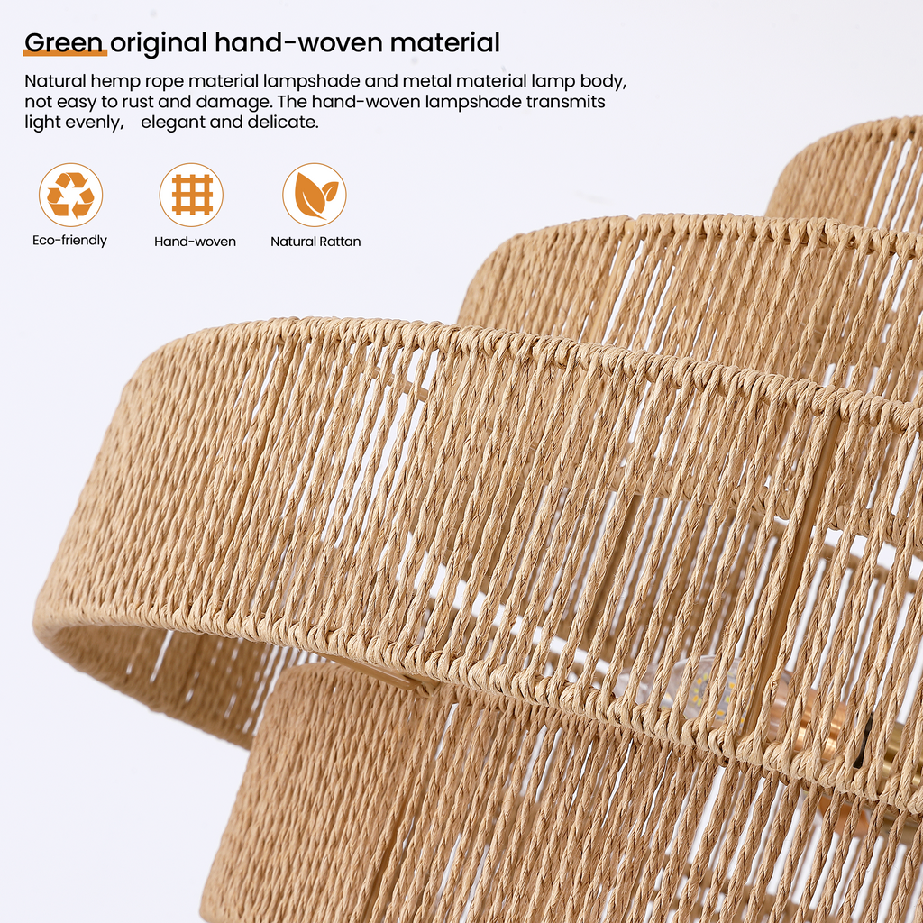 12-Light Natural Adjustable Gold Dimmable 5-Tier Hand-Woven Chandelier with Rattan Shaded for Living Room