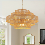 12-Light Natural Adjustable Gold Dimmable 5-Tier Hand-Woven Chandelier with Rattan Shaded for Living Room