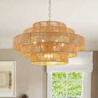 12-Light Natural Adjustable Gold Dimmable 5-Tier Hand-Woven Chandelier with Rattan Shaded for Living Room
