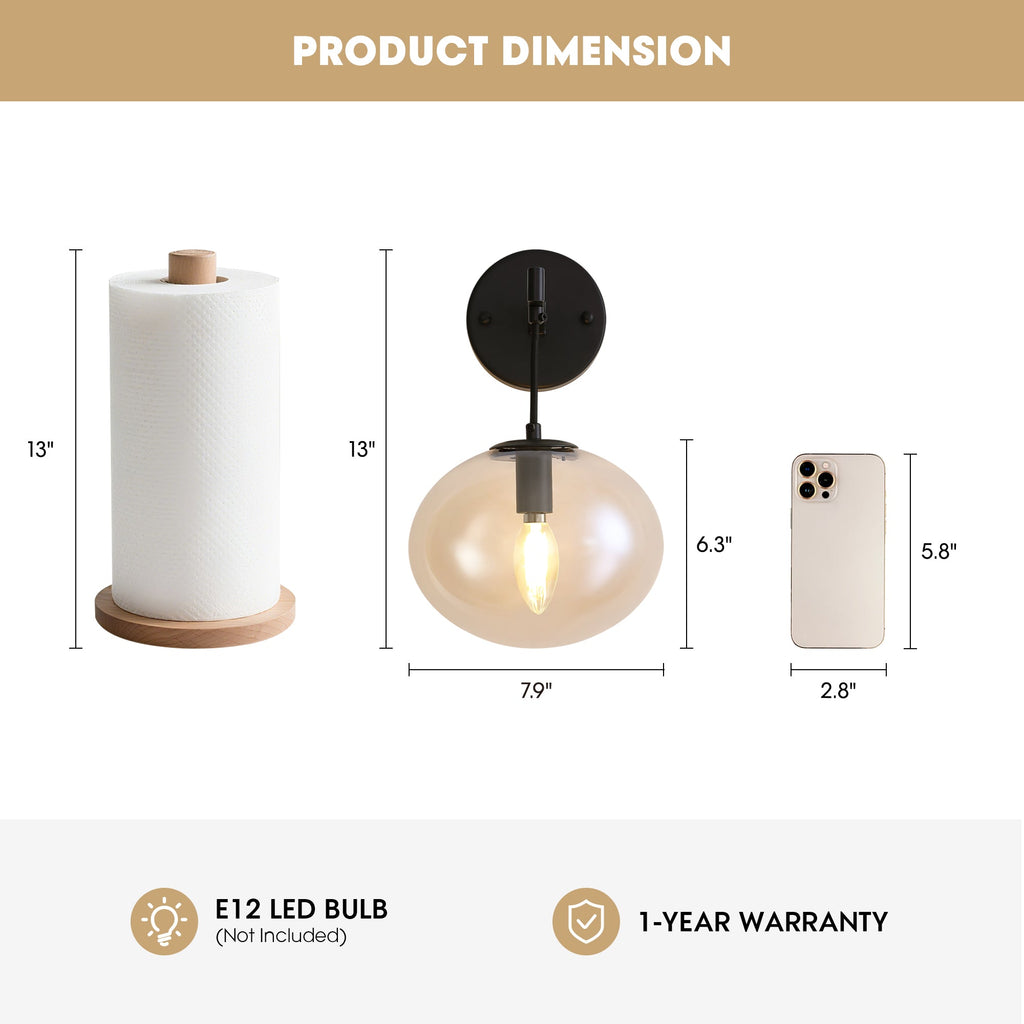 11 in. 1-Light Black Round Modern Wall Sconces with Clear Glass Shade (Bulbs Not Included)