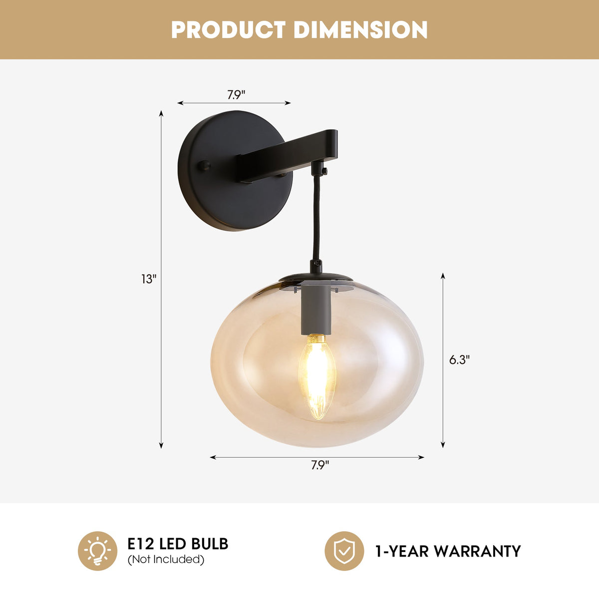 11 in. 1-Light Black Round Modern Wall Sconces with Clear Glass Shade (Bulbs Not Included)