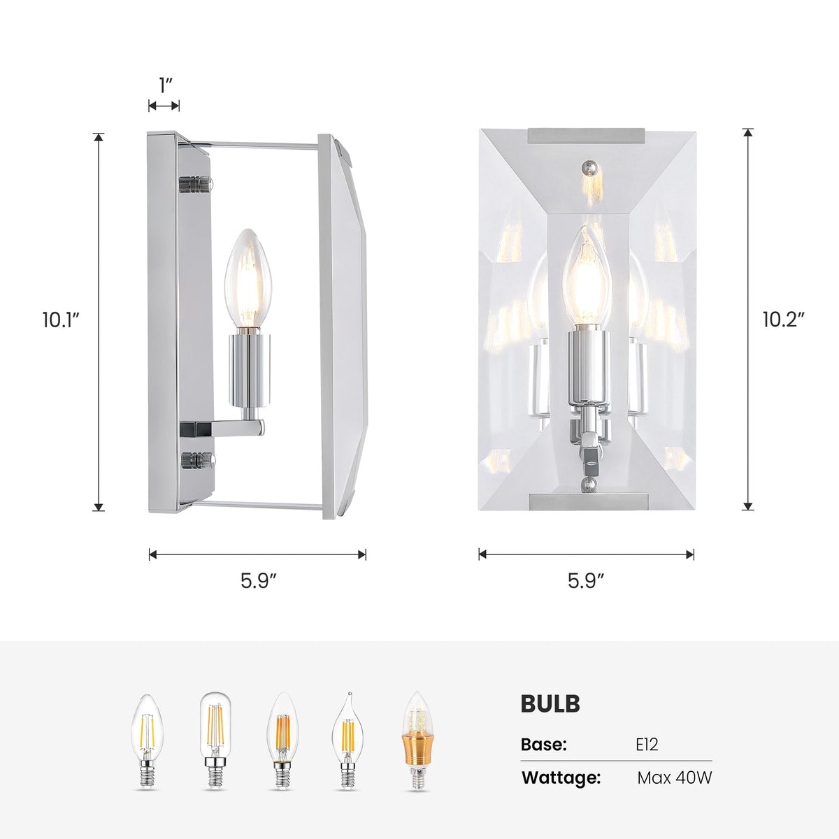 10.2 in. Length 1-Light Chrome Modern Wall Sconces with Rectangular Clear Glass Shade (Bulbs Not Included)