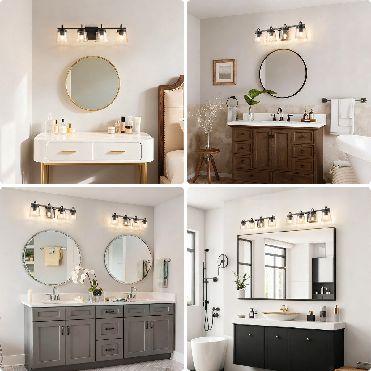 30.9in 4-Light Matte Black Vanity Light Dimmable 3-Color with Modern Wavy Glass for Bathroom (Bulbs Not Included)