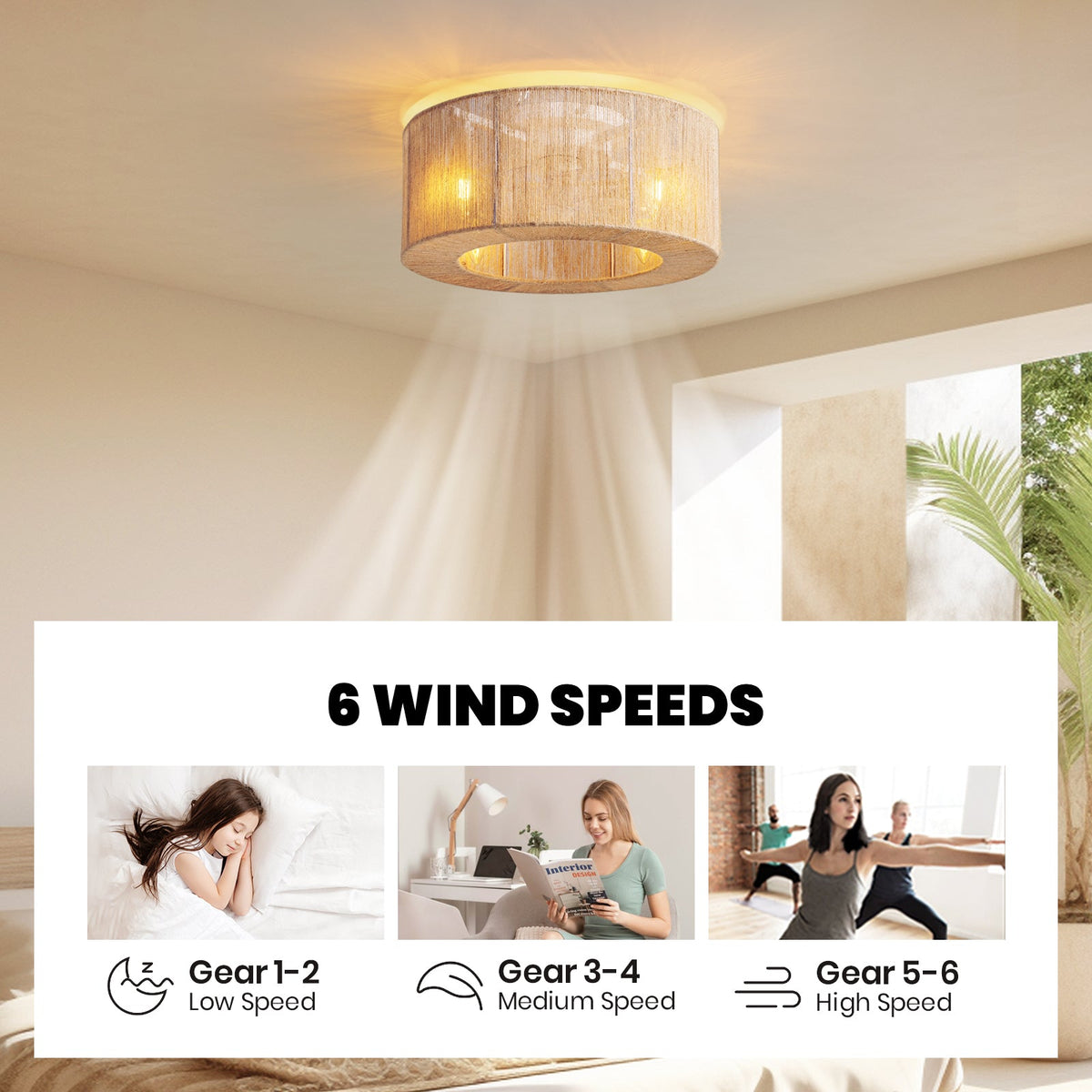 18in Rattan Ceiling Fan with Lights&Remote Bohemian Flush Mount Fandelier for Nursery No Bulbs